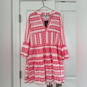 Arthur Jane Claire dress, Size S, 3/4 sleeves, pink & white Aztec print